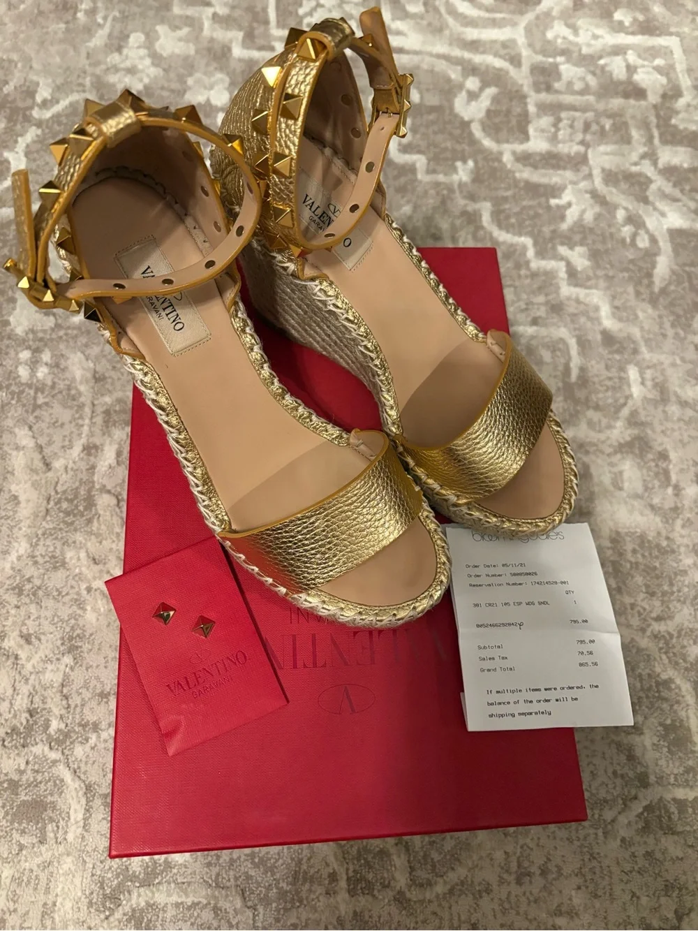 Valentino Gold Leather Ankle-Strap Wedge Espadrilles